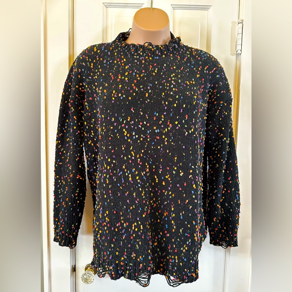 Chic Soul Distressed Sweater Black w/ Multicolored Textured Dots Size 2X